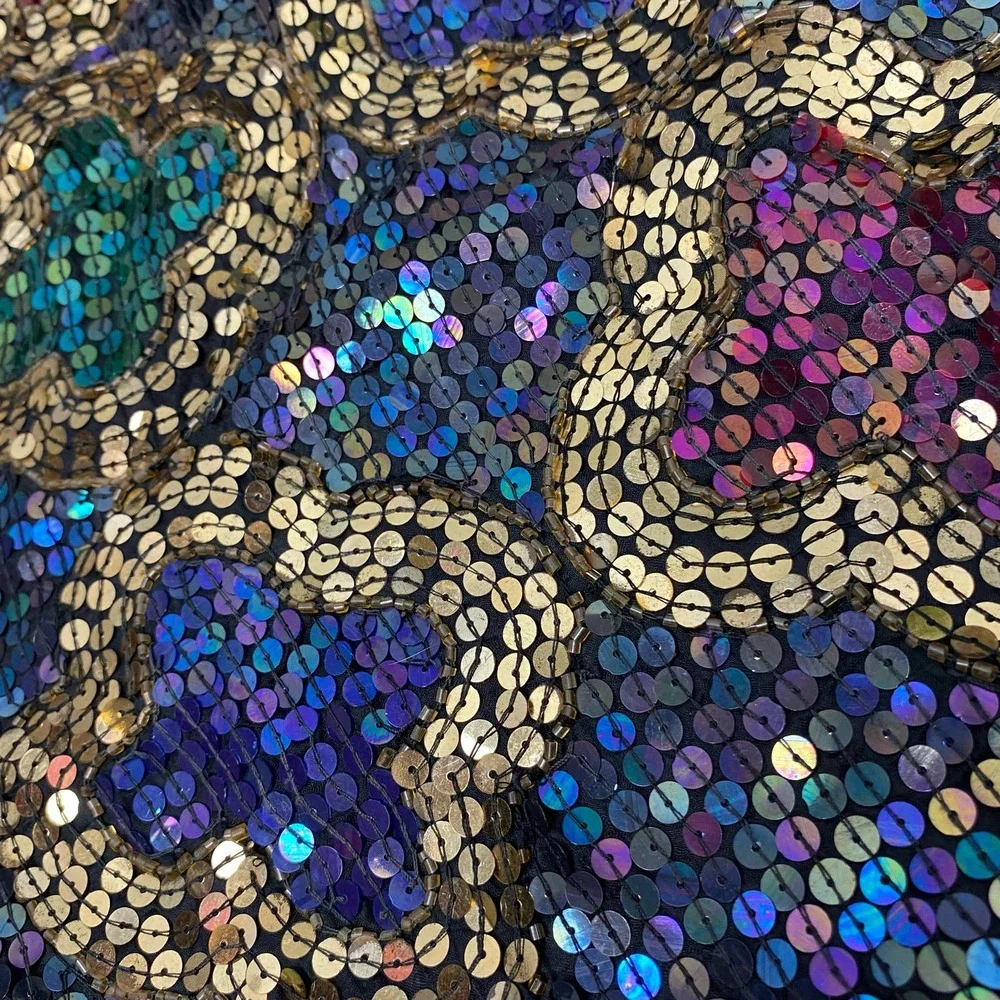 Vintage SNF Silk Sequin Shorts Quatrefoil Flower Glitz Glam Black Gold Peacock - Picture 5 of 7